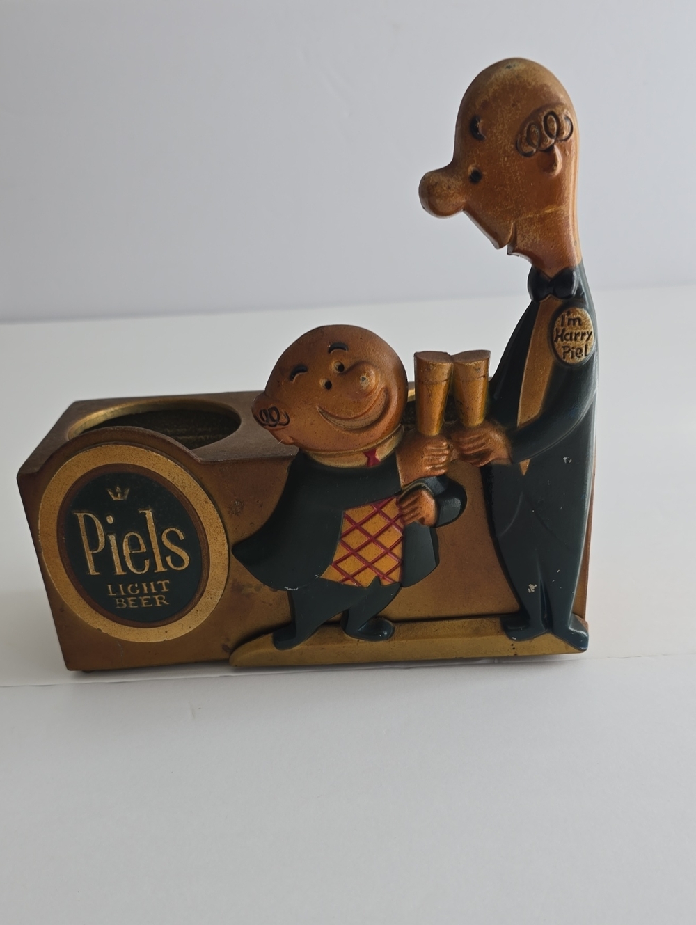 Vintage Piels Light Beer Harry Bert Metal Cast Caddy Swizzle Straw Holder 1950s